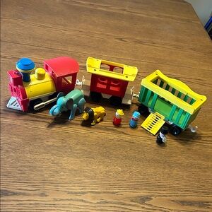 Vintage Fisher Price Toy Train Set with Animal Figures - Yellow, Red, Green